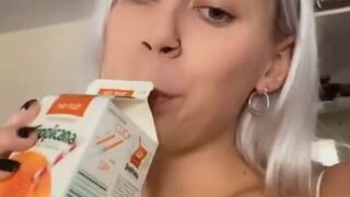  Dyed platinum-blonde swallows splooge and demonstrates her massive fun bags to her subscribers - POV tits